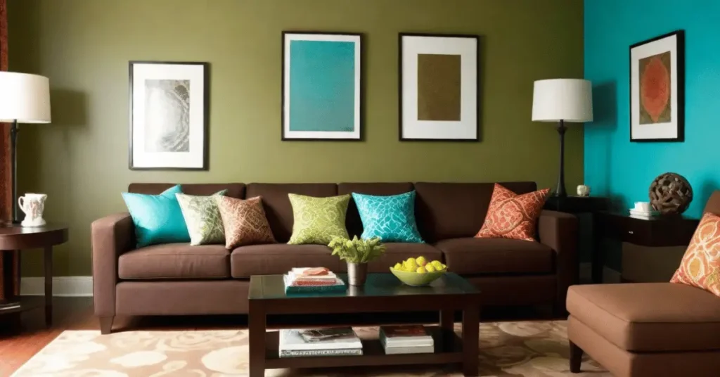 Incorporate a Brown Sofa into a Vibrant Color Palette