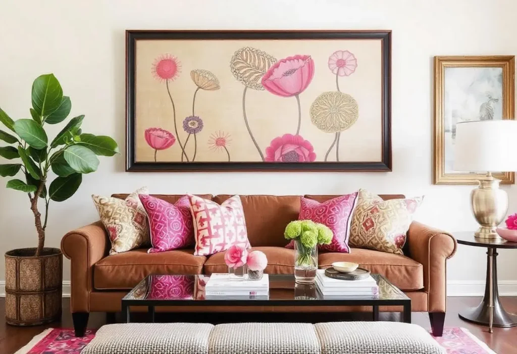 brown sofa with pink pillows ideas